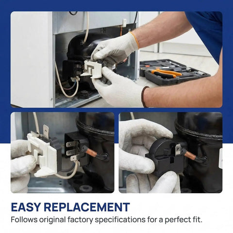 Installation of PTC Starter Relay 1 Pin For Refrigerator Replacement Kit With 6750C-0005P Overload Protector, two-piece set in fridge.
