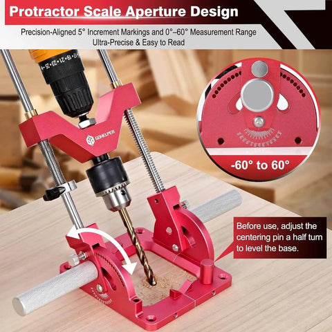 Heavy Duty Portable Drill Guide For Straight Holes And 0 To 60 Degree Angle Drilling, Drill Press Adapter For Hand Drill, Precision Adjustable Drill Jig Attachment With Guide Rod And One Half Inch Chuck, Built Tough And Accurate installed on a wooden surface.