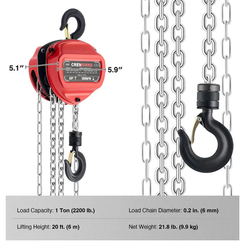 1 Ton Hand Chain Hoist With 20 Ft Lift G80 Chain And Double Guide Wheels, red housing, chain detail, hook visible