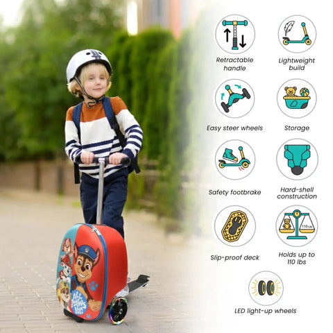 Child using Kids Ride On Suitcase Scooter Luggage with light up wheels, Paw Patrol design, street in background.