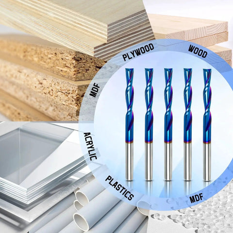 Downcut CNC Router Bit Set One Eighth Inch Shank Five Pack Tungsten Carbide Spiral End Mills displayed with wood and plastic materials