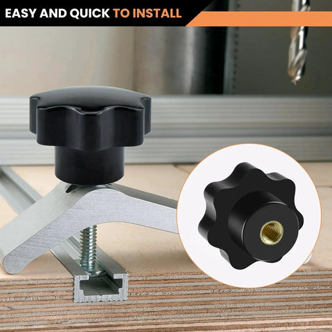 Installed view of 4 Pack M8 Knurled Thread Clamping Knobs With Brass Inserts on metal bracket in a workshop setting.