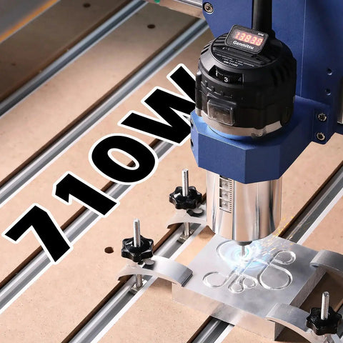 710W CNC spindle router for 3020 and larger machines, 65mm diameter with LCD display, milling aluminum on CNC table