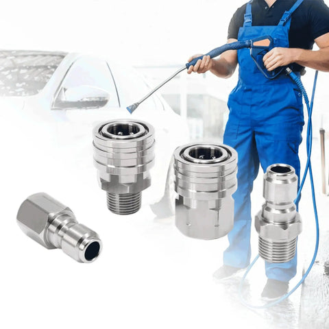 Heavy Duty Stainless Steel Quick Connect Pressure Washer Fittings Kit For Three Eighth Inch Hoses Easy Install 8 Piece Pro Grade Adapter Set With Male And Female NPT Threads Ridge Washer shown with user spraying car