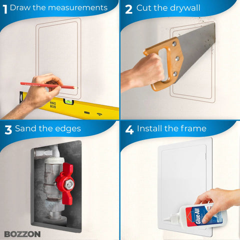 Access Panel for Drywall, 6 x 9 inch insulated white plastic wall cover with installation steps collage