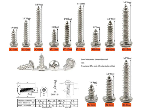 600 Piece Self Tapping Sheet Metal Screw Kit In 12 Sizes M2 M2.2 M2.6 M3 Pan Head 304 Stainless Steel Silver Finish diagram