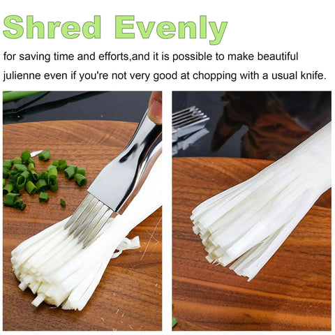 Six Blade Scallion Cutter Shred Knife With Stainless Steel Blades For Even Onion And Garlic Shredding in use on scallions.