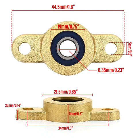 Two Pack Pillow Block Bearing For 6.35mm Shaft With One Quarter Inch Bore shown from front and side view with dimensions.
