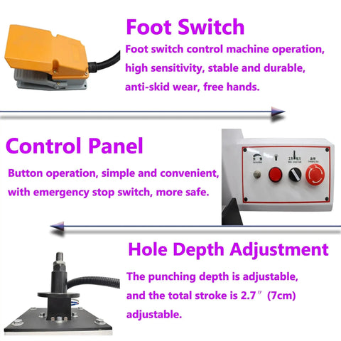 Foot switch, control panel, and hole depth adjustment for 110V Pneumatic Hinge Drilling Machine For Doors And Cabinets Single Head Hinge Boring Drill Press With Large Workbench Accurate Scale And Positioning Stop 2880 RPM Speed A Durable Workhorse For Cabinetry And Furniture Making