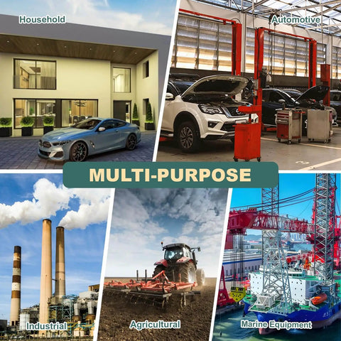 Collage showcasing white lithium based grease applications: household, automotive, industrial, agricultural, marine equipment.