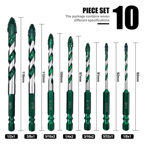 Serrated Eccentric Masonry Drill Bit Set 10pcs Four Edge Concrete Drill Bits, high cobalt construction, 1/8 to 1/2 inch sizes shown.