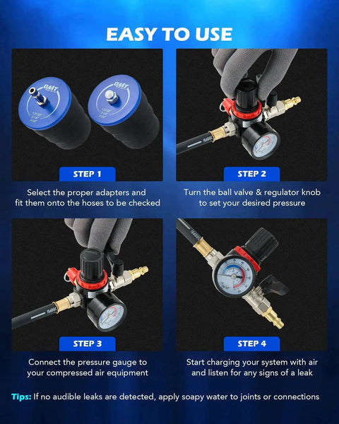 Turbo Leak Tester Kit With 4 Stepped Adapters For Turbo Cooling And Emissions, showing usage steps and components