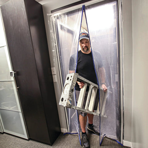 E-Z UP Magnetic Dust Containment Door Kit, clear plastic doorway with blue trim; person holding a metal ladder.