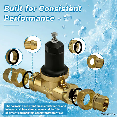Brass NR3XL 1-1/4 in pressure reducing valve with black adjustment cap and threaded NPT fittings; includes tape