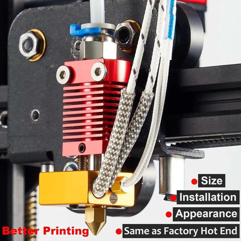 Ender 3 Hotend Upgrade Kit with M3 Stud Thermistor installed on Creality 3D printer, showing plug-and-play connection features.