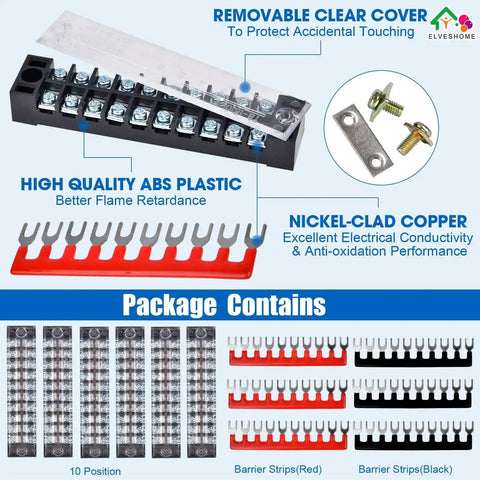 12 Pack 10 Position Screw Terminal Blocks With Covers And Ground Pluggable PCB And Busbar 600V 15A Dual Row Insulated Beefy Copper Conductors