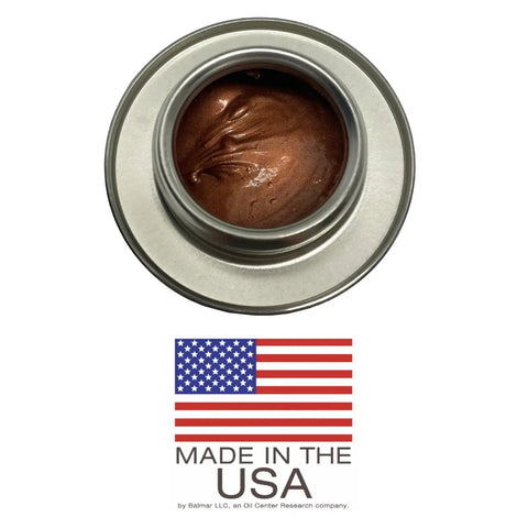 Open tin showing High Temp Copper Anti Seize Lubricant 1800F For Spark Plugs Exhaust Manifolds Bolts And Brakes Prevents Seizing And Corrosion USA Made 8oz Multi Purpose Assembly Lubricant That Works Like A Champ, made in the USA label