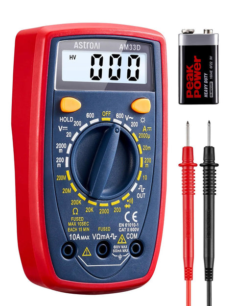 Digital Multimeter 2000 With Backlit LCD Display For Voltage Current Resistance Diode And Continuity Testing Measures AC And DC For Home And Auto Use Blue, showing display and test leads.