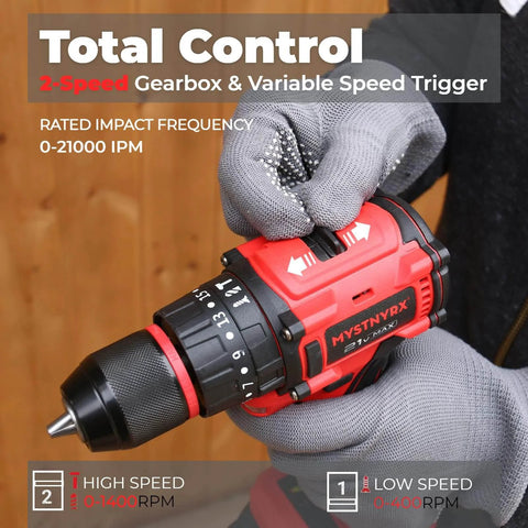 Close-up of 21V Max Brushless Cordless Hammer Drill Driver Kit With Two 2.0Ah Batteries, showcasing 2-speed settings and controls.
