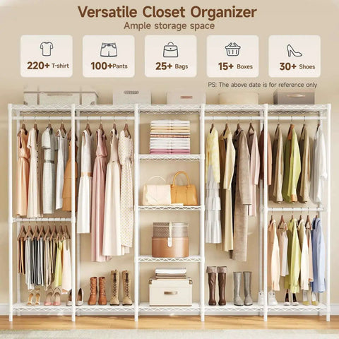 Extra Large Industrial Pipe Clothing Rack With Five Tier Shelves And Hanging Rods Freestanding Portable Closet Organizer System 88.6 Inches Wide Beefed Up Heavy Duty Wardrobe Holds Up To 1300 Lbs White, displaying clothes, shoes, and boxes.