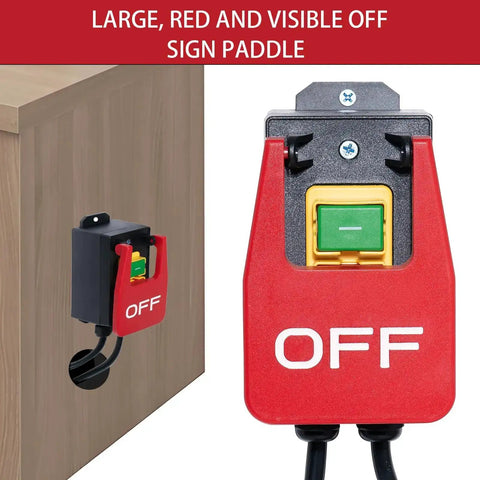 110V 16A Table Saw Emergency Stop Paddle Switch with red OFF sign, mounted on a workshop table, quick stop safety switch