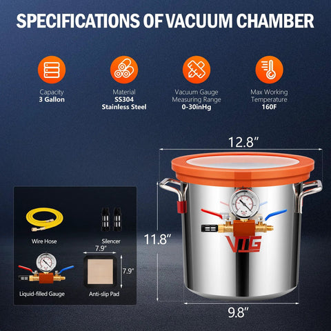 VTG VOGTEN 3-Gallon vacuum chamber, 304 stainless steel with tempered glass lid and built-in gauge (front view)