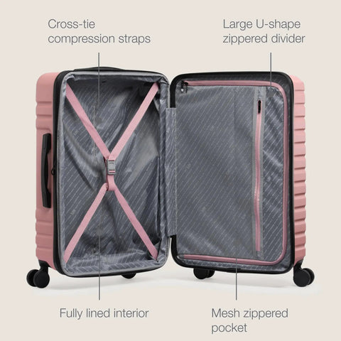 Open view of expandable hardside travel luggage with 8 spinner wheels waterproof rugged case rose pink 30 inch checked suitcase.