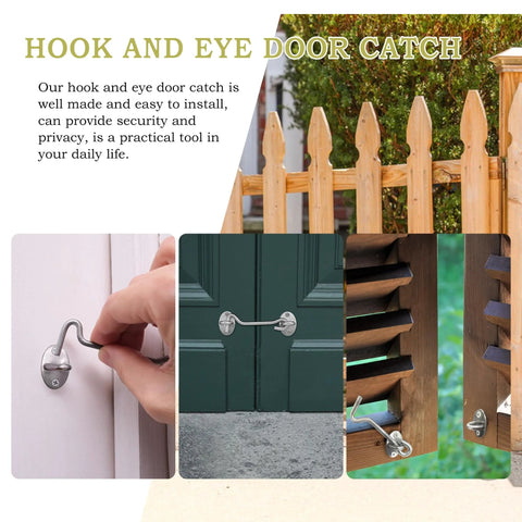 4 Inch Stainless Steel Hook And Eye Latch For Doors Windows Cabinets And Fences installed on various surfaces including wood gates.