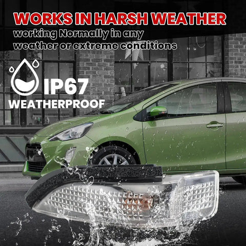 Toyota Left Driver Side Rearview Mirror Turn Signal Indicator Light For Corolla Camry Avalon Prius C RAV4 2012 2013 2014 2015 2016 High Visibility DOT SAE Approved Waterproof. Image showing turn signal indicator with IP67 weatherproof feature against rainy backdrop.