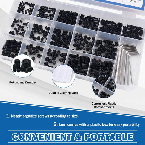Massive 500 Piece Metric Set Screw Kit With 13 Sizes M3 M4 M5 M6 M8 Allen Head Hex Socket Grub Screws In Black Alloy Steel For Bathroom Fixtures Includes 5 Wrenches And 1 Tweezer Rust Resistant Precision Threads in organized plastic compartments