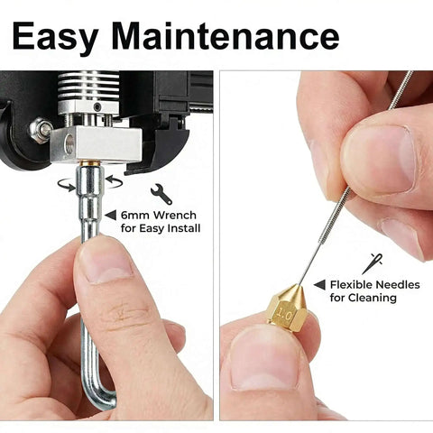 All In One 3D Printer Nozzle Kit With 16 MK8 Brass Nozzles 0.2mm 0.4mm 0.6mm 0.8mm And 1.0mm Plus Wrench Tweezers Cleaning Needles And Storage Case For Ender 3 Pro And CR 10 Series in use with wrench and cleaning needle
