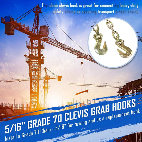 Clevis Grab Hooks 5 16 Inch Grade 70 Forged Steel 5400 LB WLL Tow Chain 10 Pack with crane background