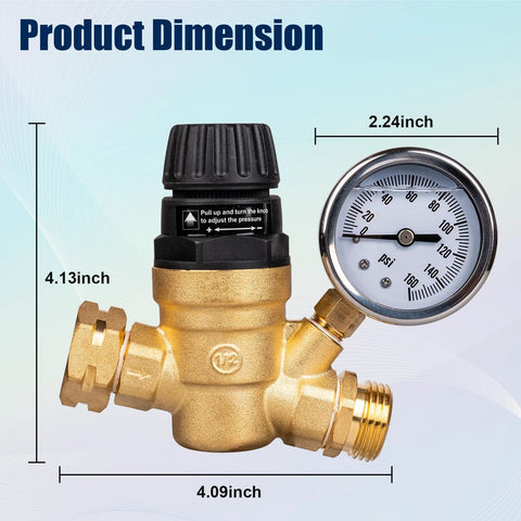 Gickbusus RV water pressure regulator valve with pressure gauge, brass body and black knurled adjustment knob.