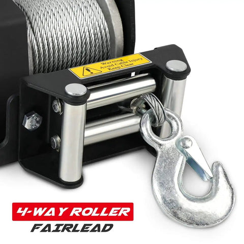 Close-up of 2500Lb 12V Electric Winch with waterproof steel cable, showing 4-way roller fairlead and hook for ATV UTV towing.