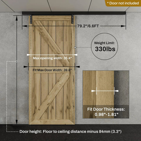 Heavy Duty Ceiling Mount Barn Door Hardware Kit For Single Door With Aluminum Alloy Track And Ceiling Brackets Delivers Smooth Sliding And 330 Pound Capacity Fits Door Width Up To 39.6 Inches And Door Thickness From One To One Point Eight One Inches.