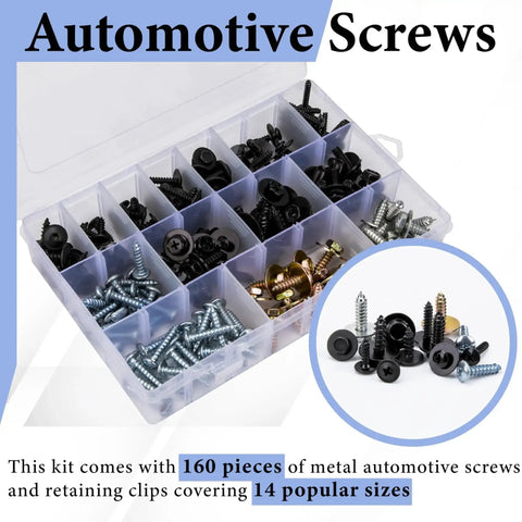 160 Piece Car Screw Kit With 14 Sizes Self Tapping Phillips Round Head Retainer Clips For Bumper Hood And Trim