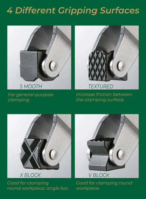 Deep Throat Welding And Fabrication Clamp With T-Handle featuring 4 different gripping surfaces for versatile clamping use.