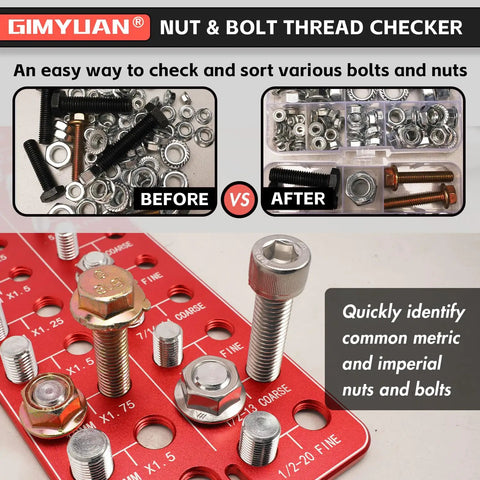 Nut And Bolt Thread Checker For Standard And Metric Thread Sizes Screw Size Identifier Gauge That Quickly Sorts Out Up To 28 Bolts And Nuts In Red By GIMYUAN, showing sorted nuts and bolts.