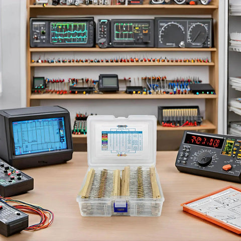 Front view of YEAZ 2600-piece resistor kit in a plastic case; 1/4W carbon-film resistors, values 1Ω–3MΩ, 5%