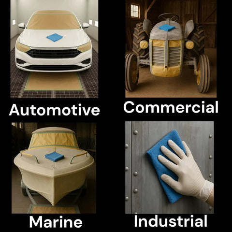 Various applications of 2K Clearcoat Automotive Paint Kit With Hardener Topcoat For Cars 1.25 Gallon: automotive, commercial, marine, industrial.