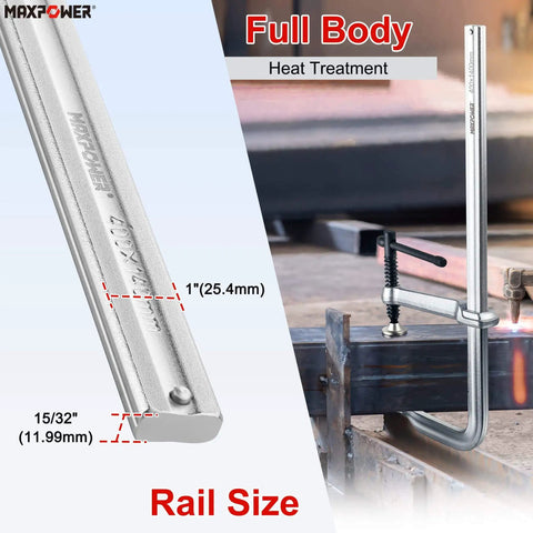 Deep Throat F Clamp For Welding Heavy Duty Bar Clamp With 15 5/8 Inch Jaw Opening And 5/5/8 Inch Deep Throat in use on metal rail