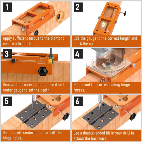 Step-by-step use of Door Hinge Jig Kit For Hinge Mortising And Door Installation, Pro Grade Aluminum Template For 2.5-5 Inch Doors.