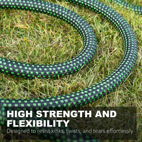 Relxitl garden hose, green and black braided exterior, coiled on grass