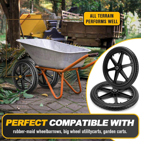 20 Inch Flat Free Wheel Set for Wheelbarrows with 5/8 inch bearings, industrial grade solid rubber, installed on wheelbarrow