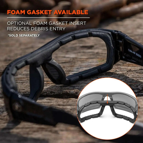 Side view of Skullerz Odin Safety Glasses Matte Black with Anti Fog Smoke Lens showcasing foam gasket feature for debris reduction.