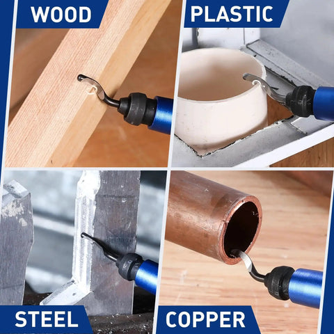 Pro Grade Deburring Tool Kit From WORKPRO With 11 High Speed Steel Swivel Blades And 360 Degree Rotary Head showing use on wood, plastic, steel, copper