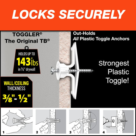 Residential Drywall Anchor With Screws Pack Of Twenty For Three Eighths To One Half Inch Drywall Fits Six To Fourteen Fasteners Made In USA One Person Installation Ultimate Tensile Strength Up To 143 Pounds, shown holding 143 lbs in diagram