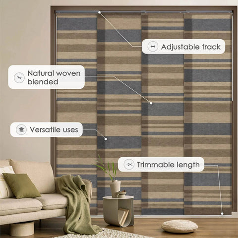 Adjustable Sliding Panel Track Blinds for Large Windows and Patio Doors, natural woven shades, 45.8 to 86 inches wide, installed.