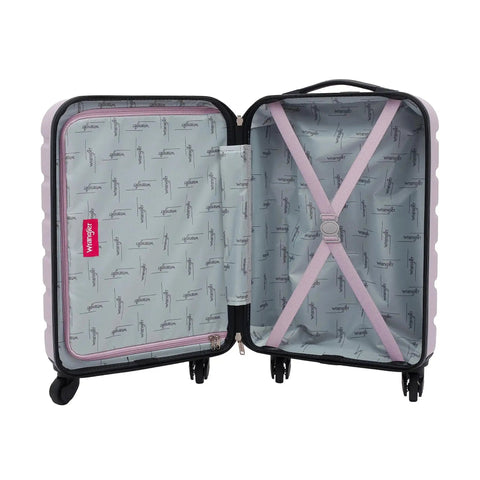 Interior view of the Lilac 22 Inch Hardside Spinner Carry On Luggage with 360 Degree Wheel System, showing lined interior, zipper, and straps