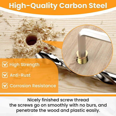 50 Sets 1/4-20 X 19/32 Inch Threaded Inserts And Bolts For Wood, hex socket drive, carbon steel, drill and hex wrench shown.